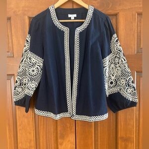 J. Jill Navy embroidered white Trim open front cardigan women’s medium